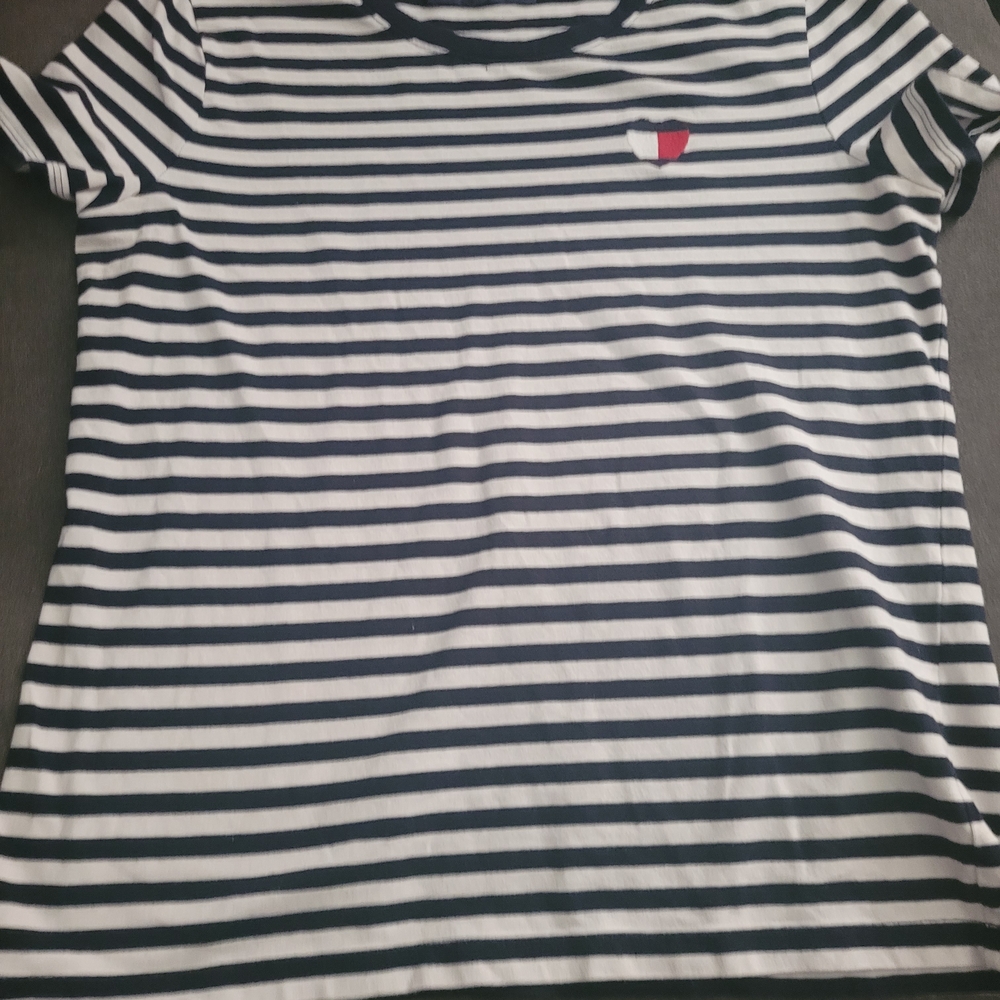 Tommy Hilfiger Navy and White Striped Tee Heart Shaped Logo